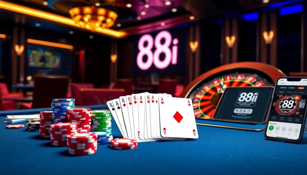 Players excitedly engage with the 88i gaming app while enjoying vibrant cards and chips at a luxurious poker table.