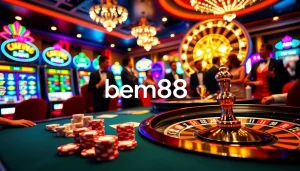 Experience the thrill of bem88's vibrant casino scene with sleek poker chips and exciting table games.