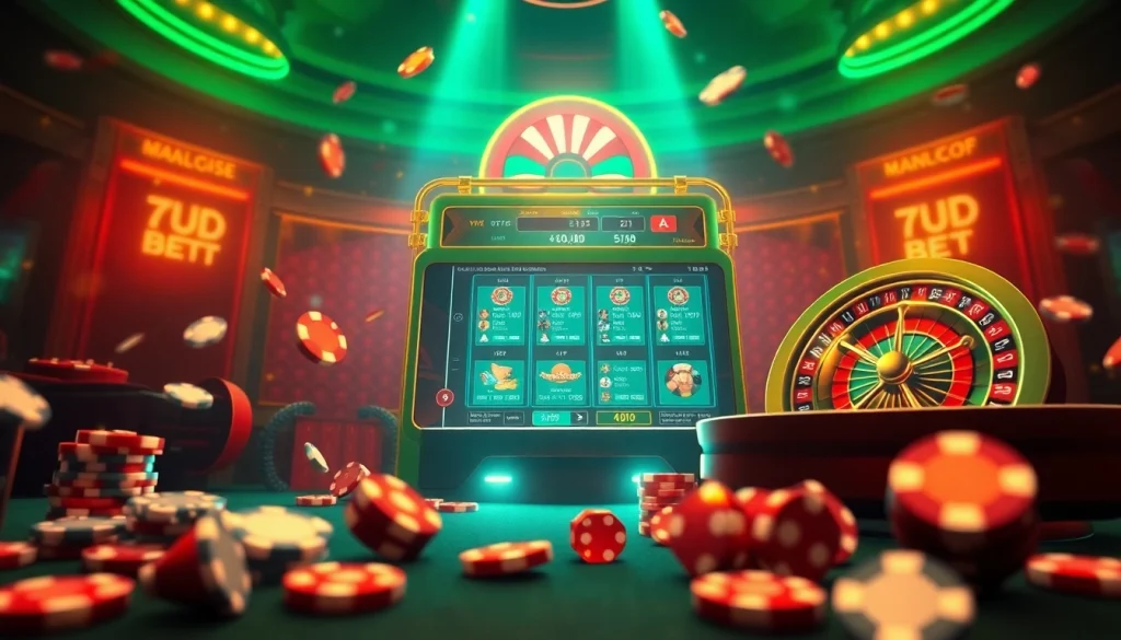Experience a thrilling 7upbet login scene with vibrant casino elements like slots and poker chips.