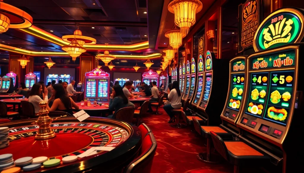 Nổ hũ excitement with players at an opulent casino table showcasing vibrant slot machines and roulette.