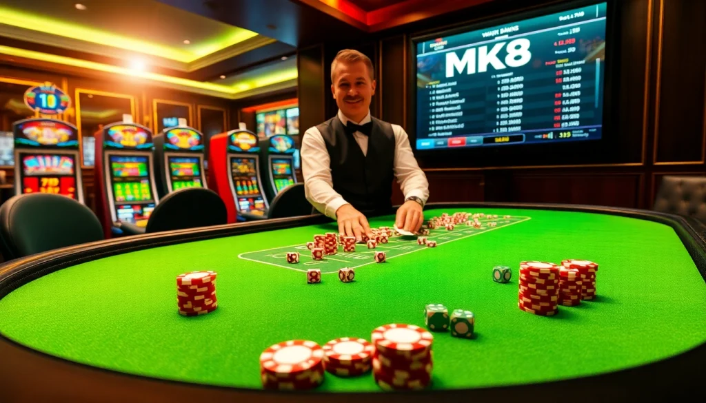 Engaging gambling scene featuring MK8 with poker chips and a dealer at a casino table.