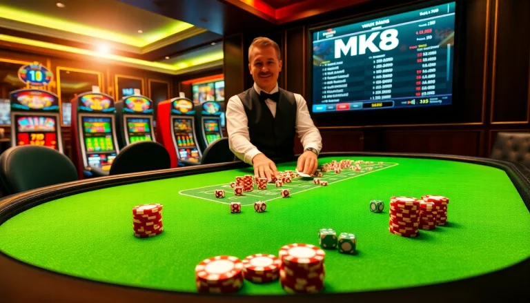 Engaging gambling scene featuring MK8 with poker chips and a dealer at a casino table.