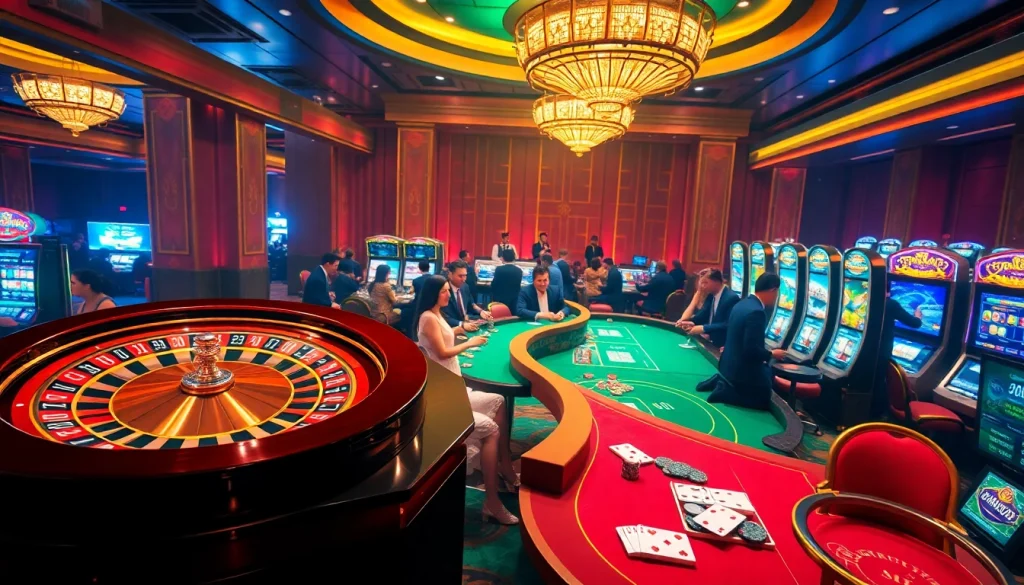 Exciting gambling action at a luxurious casino scene inspired by https://hanoiculturetravel.com/ with vibrant roulette tables and colorful slot machines.