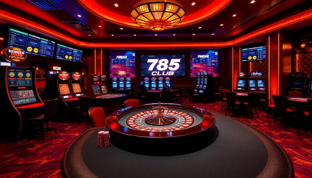 Exciting scene of gamblers at 789club's luxurious casino tables showcasing poker chips and roulette wheels.