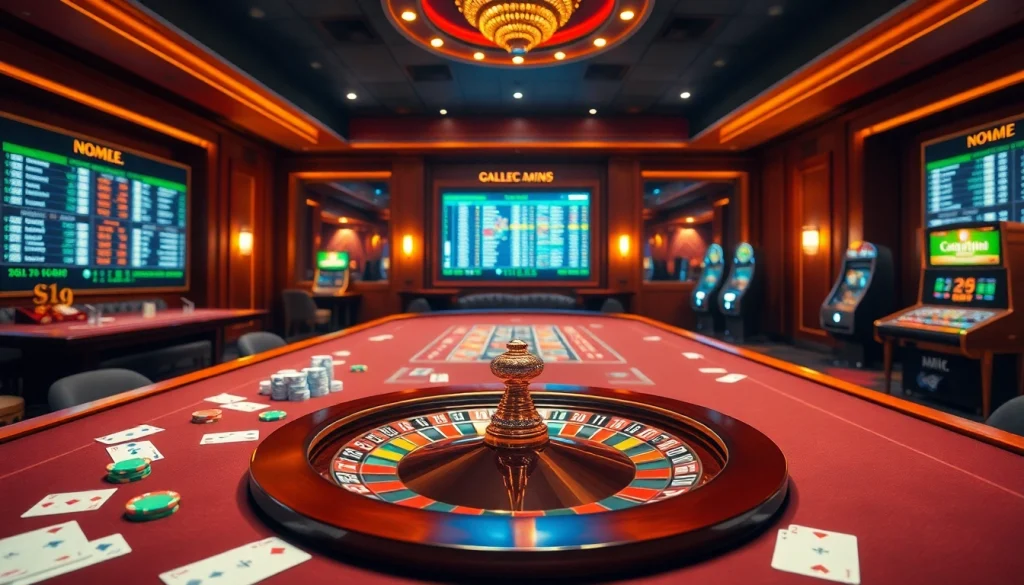 Nohu90 online casino scene with vibrant tables, poker chips, and an engaging roulette wheel.