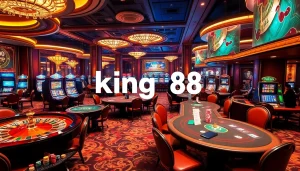 Engaged players at king88 casino tables with chips and cards, showcasing excitement and luxury.