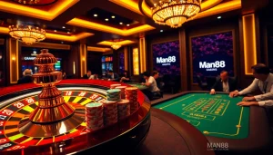 Join the excitement at Man88 with poker chips and roulette wheels in a vibrant casino setting.