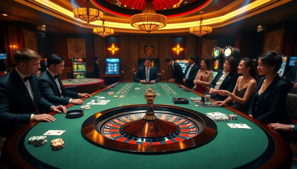 Experience luxury gaming at Trang chủ mmoo with players enjoying roulette and poker.