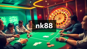 Engaging players at a poker table highlighting the nk88 link for online gambling excitement.