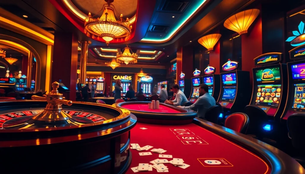 Engaging scene of Nhà cái KK55's luxurious casino environment with a vibrant roulette wheel and poker table.