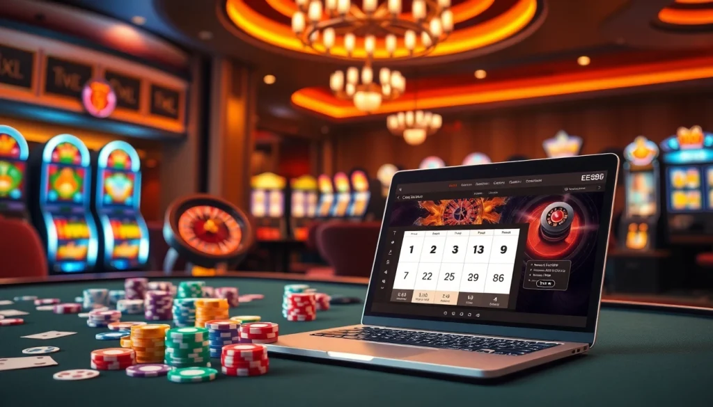 EE88 immersive gaming table with poker chips, roulette wheel, and vibrant online gaming interface