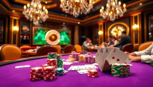 Experience high-stakes excitement with KK55 poker chips and cards in a luxury casino setting.
