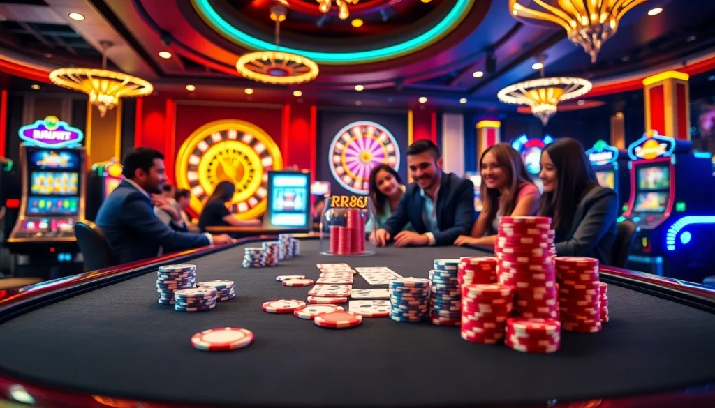 Experience the thrill of RR88 casino with vibrant gaming tables, poker chips, and a roulette wheel.