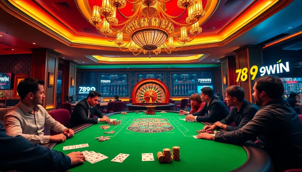 Players enjoying a thrilling poker game at 789WIN casino, showcasing vibrant chips and cards.