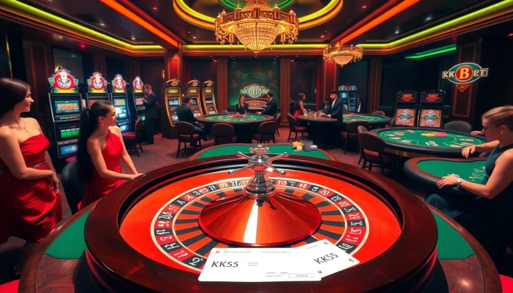 Engaging gamblers at the luxurious KK55 roulette table in a vibrant casino atmosphere.