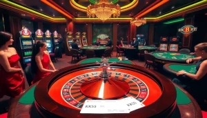 Engaging gamblers at the luxurious KK55 roulette table in a vibrant casino atmosphere.