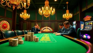 Players engage at a thrilling XX88 blackjack table with elegant chips and vibrant roulette.
