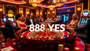 Experience the excitement of 888YES at a luxurious roulette table, filled with vibrant chips and cards.