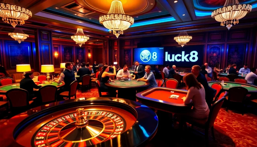 Exciting gambling atmosphere at luck8 casino with players around roulette and poker tables.