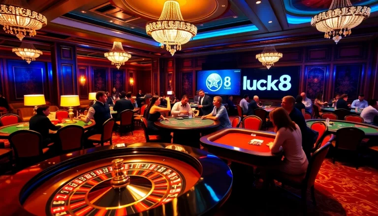 Exciting gambling atmosphere at luck8 casino with players around roulette and poker tables.