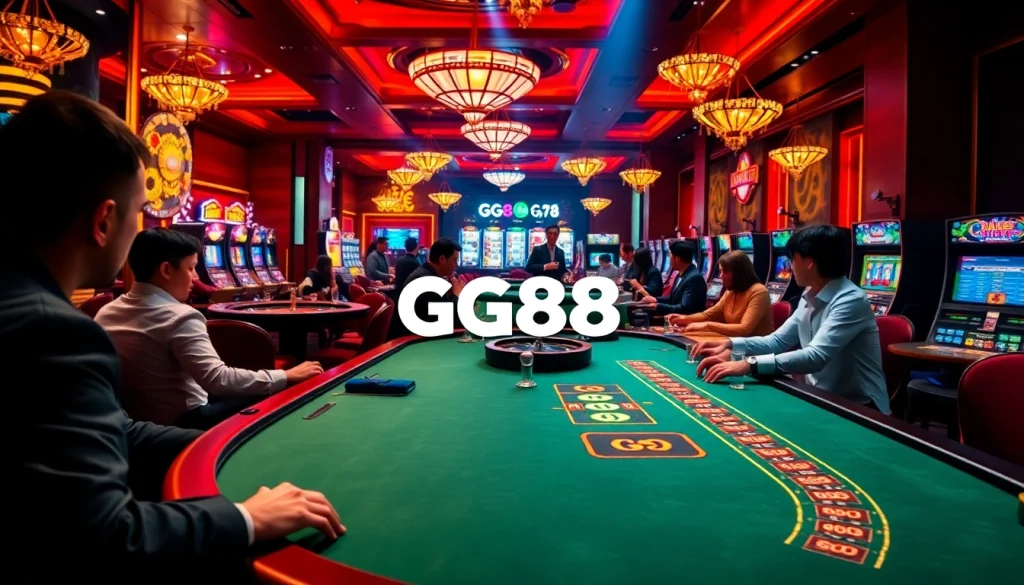 Players engaging at the GG88 poker table in a vibrant casino setting, featuring luxurious gaming elements.