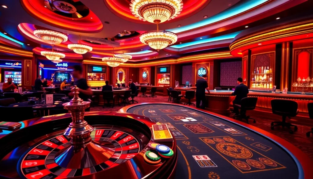 Players enjoying a thrilling game at Jun 88 casino with vibrant tables and exciting atmosphere.