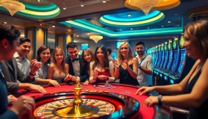 Gambling enthusiasts reveling at the MK8 casino, showcasing vibrant games and excitement.