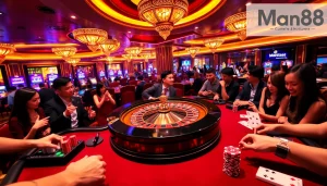 Man88 casino players excitedly winning at a roulette table with colorful chips.