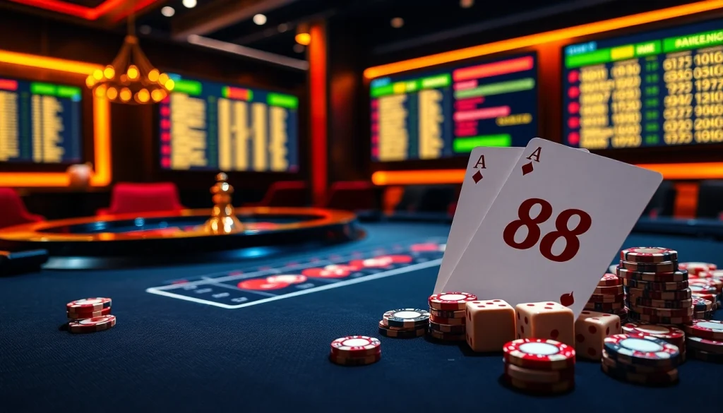 Players enjoy a thrilling moment at a DH88-themed casino table with poker chips and cards.