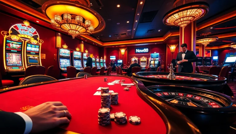 Exciting poker game scene at New88 casino, showcasing vibrant tables and thrilling atmosphere.