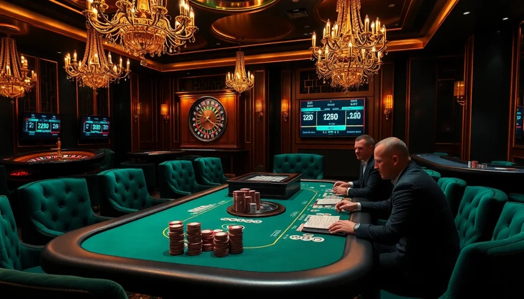 Experience high-stakes gaming at S8 casino with luxurious poker tables and vibrant atmosphere.