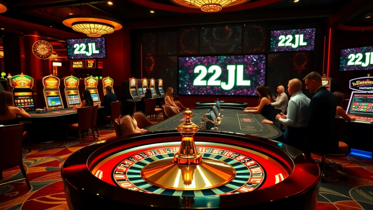 Experience high-stakes gaming at the 22JL Casino with luxurious tables and vibrant slot machines.