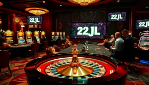 Experience high-stakes gaming at the 22JL Casino with luxurious tables and vibrant slot machines.