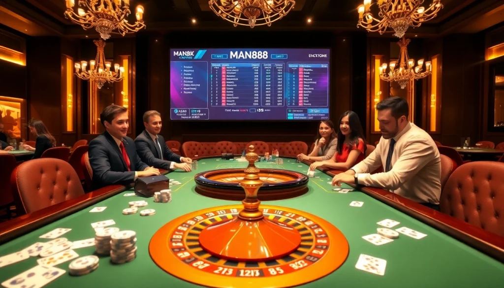 Players enjoying casino games at Man88, surrounded by vibrant poker chips and roulette wheels.