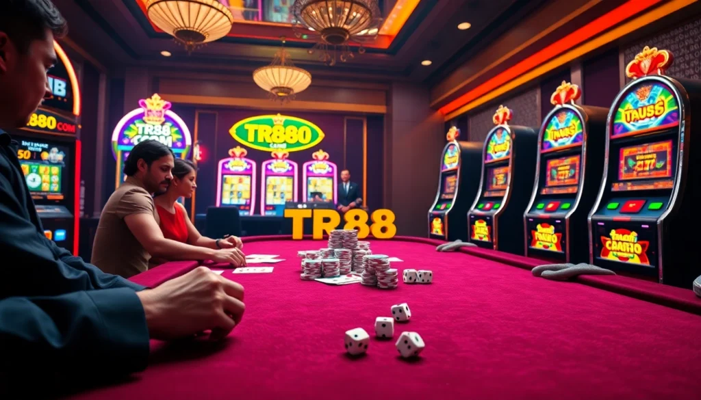 Dynamic casino scene at TR88.COM with players enjoying roulette, slots, and poker.