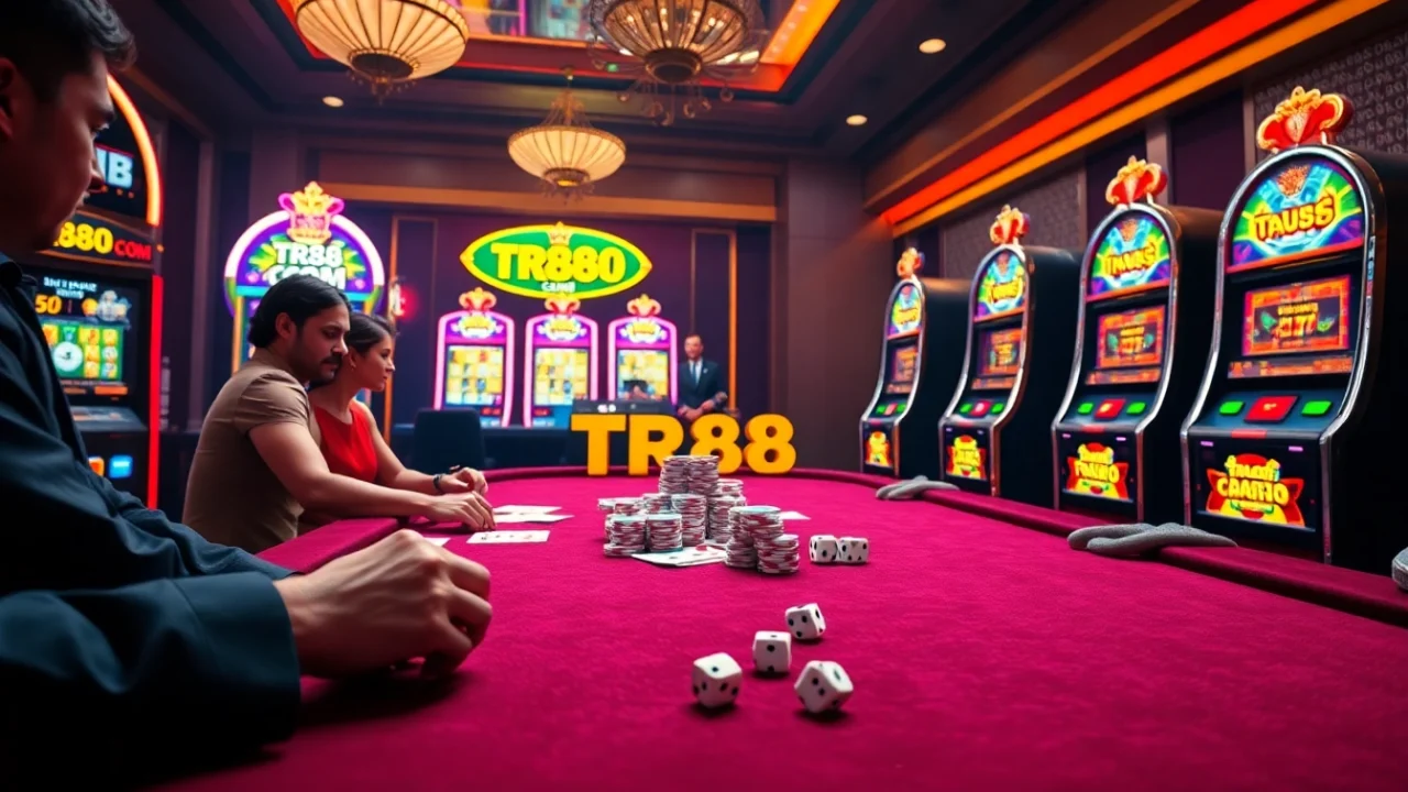 Dynamic casino scene at TR88.COM with players enjoying roulette, slots, and poker.