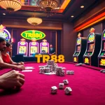 Dynamic casino scene at TR88.COM with players enjoying roulette, slots, and poker.