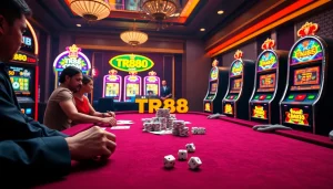 Dynamic casino scene at TR88.COM with players enjoying roulette, slots, and poker.