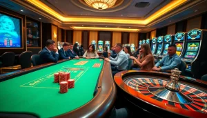 Người chơi đang thưởng thức các trò chơi tại casino 24kclub, với bàn poker và máy đánh bạc đầy màu sắc.