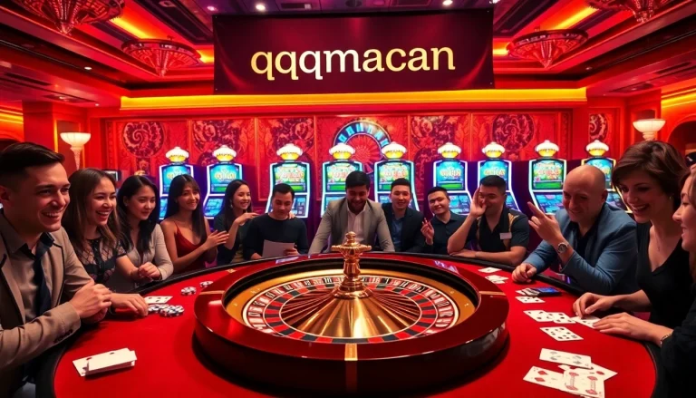 Experience the excitement of qqmacan with players at a vibrant casino table, showcasing roulette and poker chips.