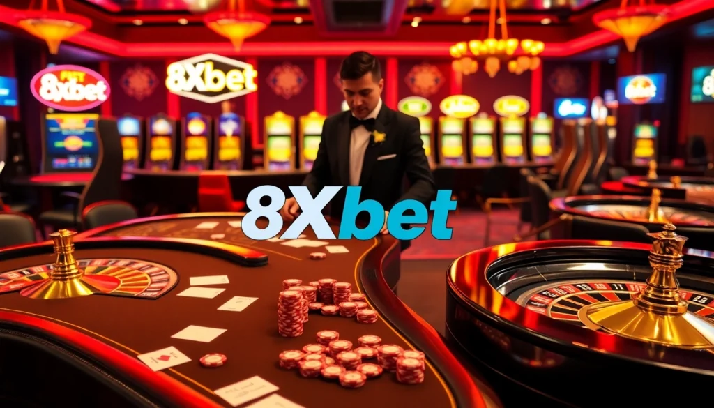 Experience the excitement of gambling with 8Xbet at luxury casino tables, slot machines, and stylish dealers.