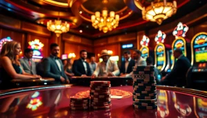 Players enjoy a thrilling poker game at a luxurious casino featuring KK55 poker chips.