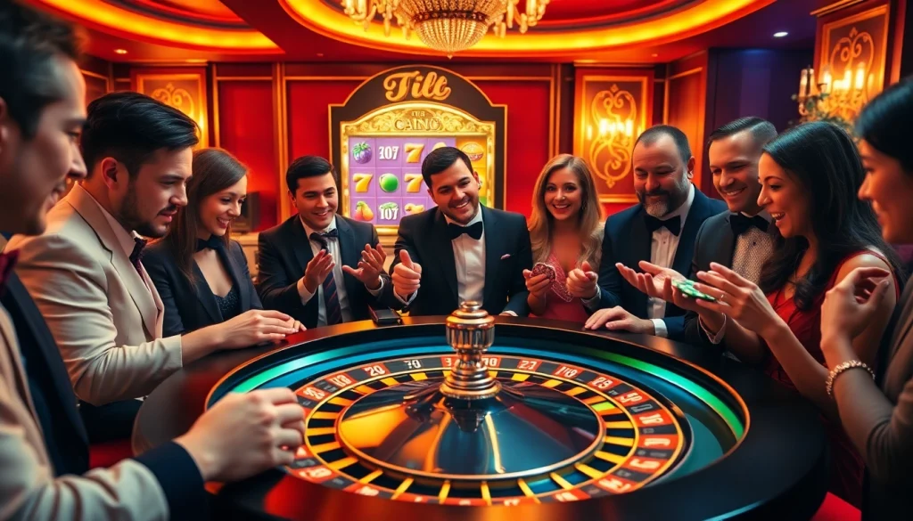 Join the excitement at https://thabet.vegas/ with players celebrating at a vibrant roulette table.