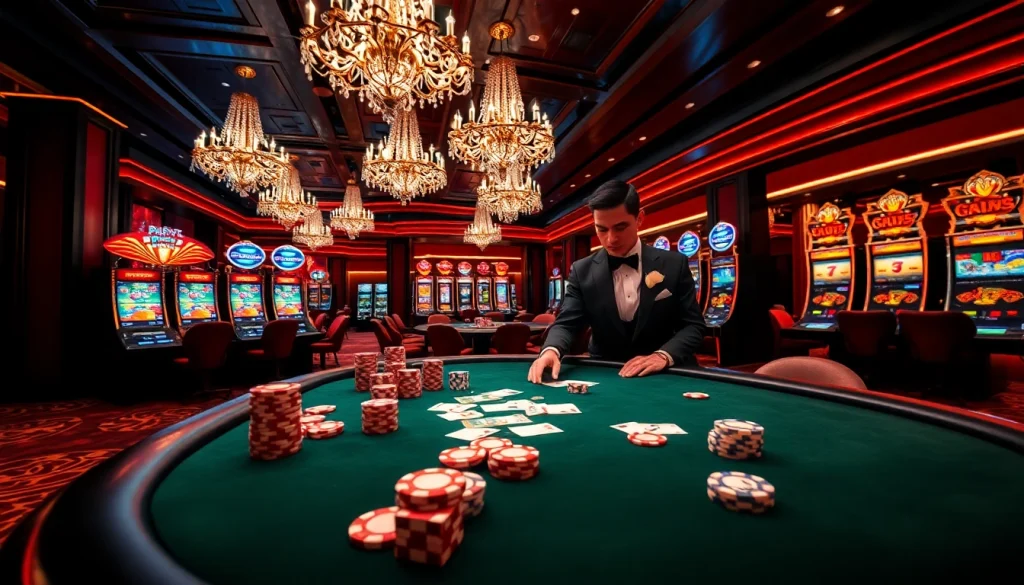 חוויה של הימור בסיכון גבוה עם צ'יפי פוקר וקלפים על שולחן קזינו יוקרתי המתמקד בהימורי סכומי ההימור.