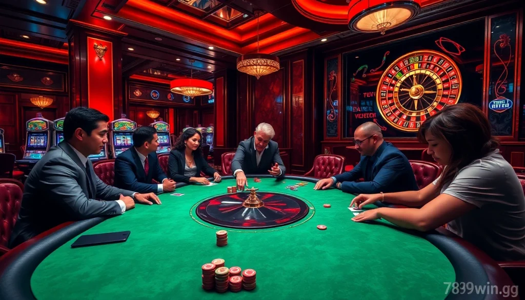 Intense poker players strategizing at a high-stakes table enriched by the excitement of 789win.gg.