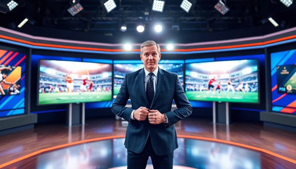 Dynamic sports broadcasting studio with an engaging anchor presenting live sports events.
