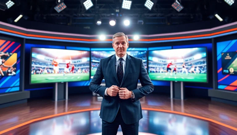 Dynamic sports broadcasting studio with an engaging anchor presenting live sports events.