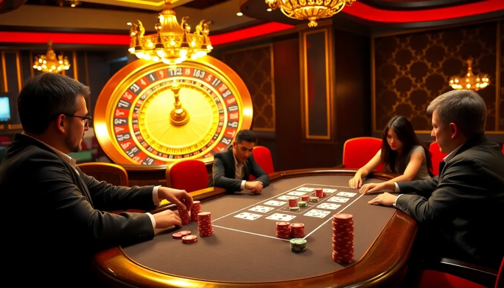 Action-packed poker game at Helloo88 featuring colorful chips and a roulette wheel.