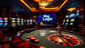 Experience luxury and excitement with Mag Login at a poker table surrounded by gambling action.