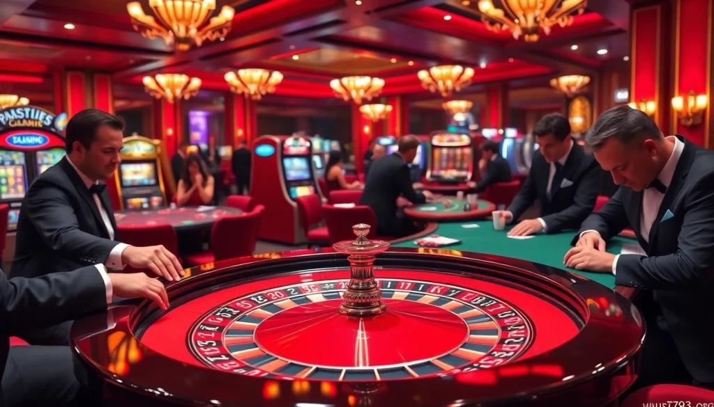 Exciting casino game action at https://fun793.org/ featuring a stunning roulette table and poker players.